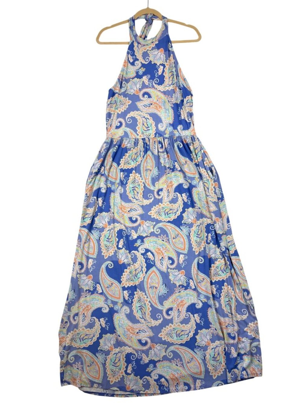 Venus L Purple Periwinkle Paisley Print Halter Maxi Dress Pockets Sleeveless